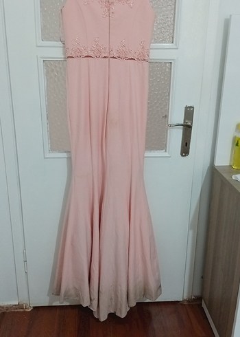 Pembe Dantel Detaylı Uzun V Yaka Kadın Elbise - Görsel 2