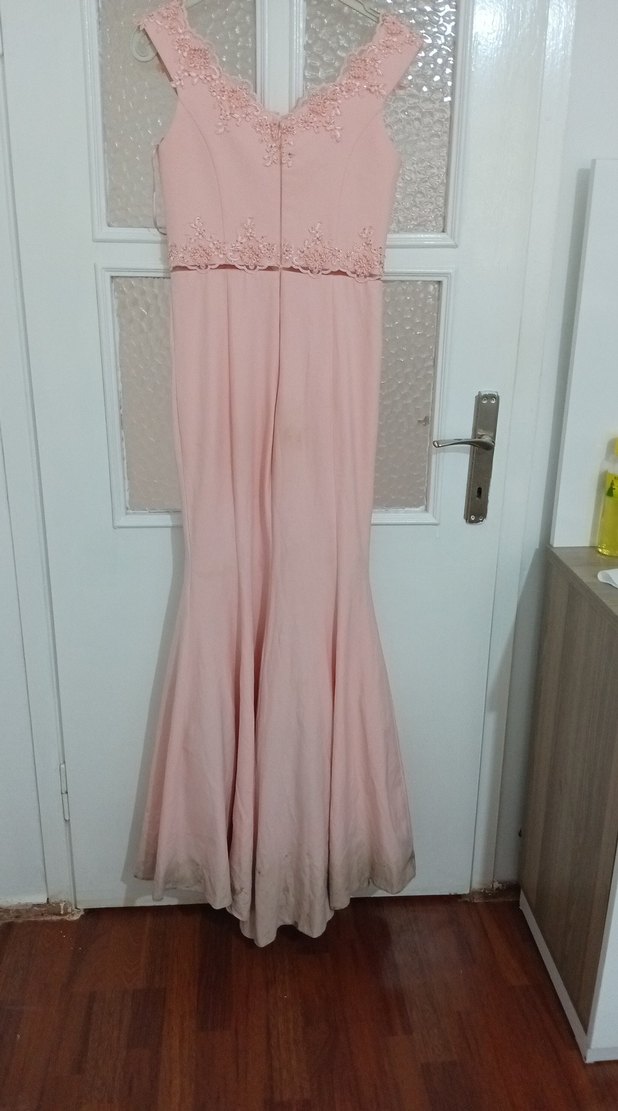 Pembe Dantel Detaylı Uzun V Yaka Kadın Elbise - Görsel 2