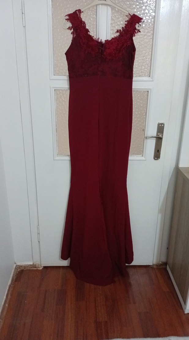 Bordo Dantelli Uzun Abiye Elbise - Görsel 2