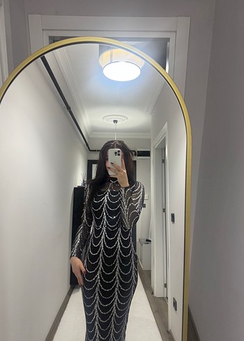 m Beden Desenli Siyah Uzun Kollu Uzun Elbise