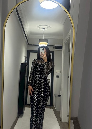 m Beden siyah Renk Desenli Siyah Uzun Kollu Uzun Elbise