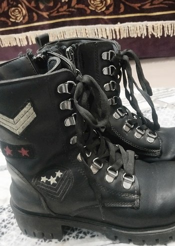 Diğer Siyah Deri Bağcıklı Yüksek Topuklu Punk Bot