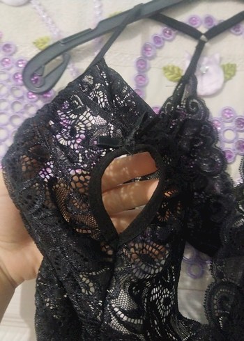 m Beden Siyah Dantel Mini Gotik İp Askılı Gecelik