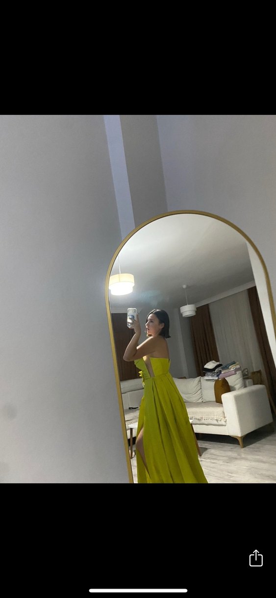 Sarı Drapeli Uzun Straplez Kadın Abiye - Görsel 2