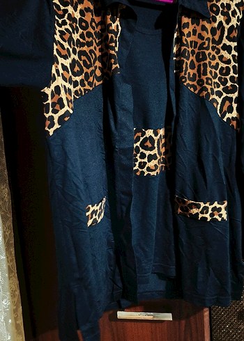 Leopar Desenli Lacivert Kadın bluz ceket takim - Görsel 4