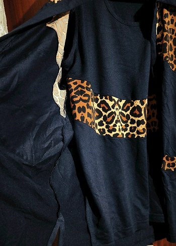 Leopar Desenli Lacivert Kadın bluz ceket takim - Görsel 6