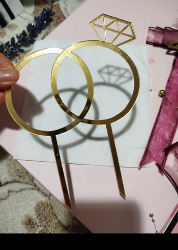 Altın Renk Pleksi Yüzük Pasta Süsü & Nişan susleri - Görsel 5