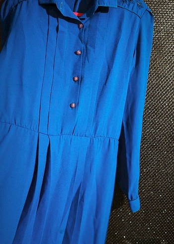 VİNTAGE Uzun Kollu Mavi Piliseli Kadın Elbise - Görsel 7