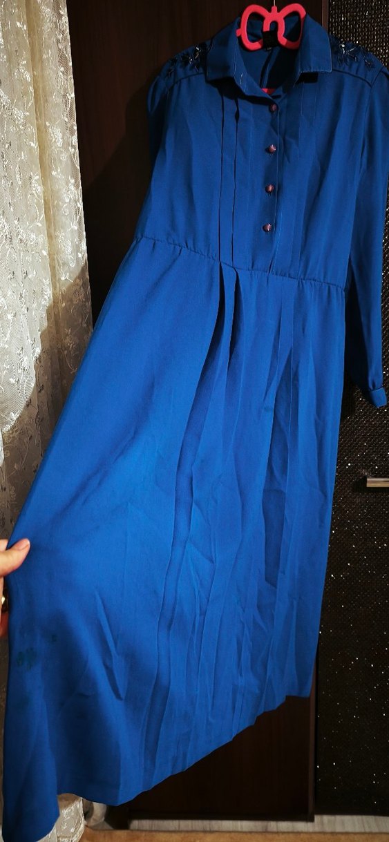 VİNTAGE Uzun Kollu Mavi Piliseli Kadın Elbise - Görsel 2