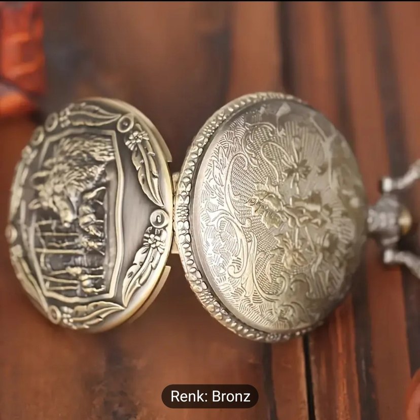 Bronz Renkli Vintage Zincirli Erkek Cep Saati - Görsel 3