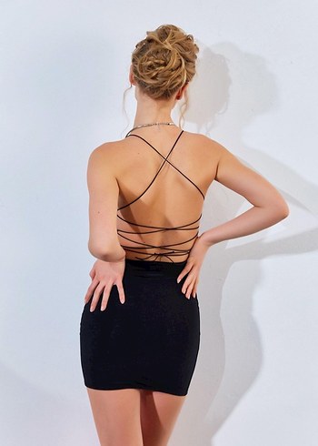 s Beden Siyah Mini Strappy Elbise