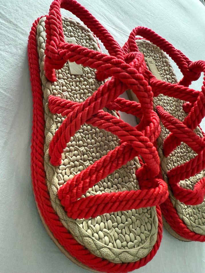 Kırmızı Örgü Kadın Dolgu Topuk Sandalet - Görsel 2