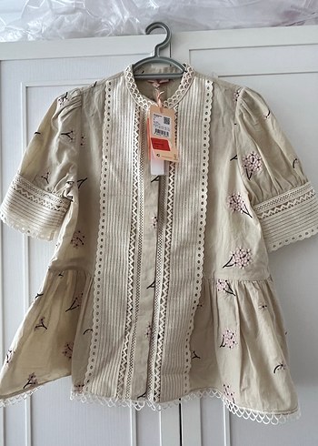 m Beden Nakışlı Pamuk Bluz, Bohem Stil, Bej