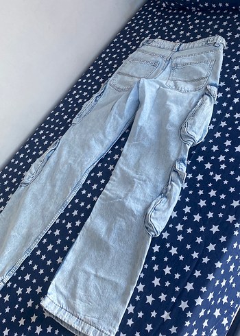 s Beden Kadın Gri Mavi Batik Desenli Bol Kesim Kot Pantolon