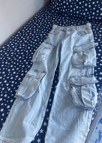 Kadın Gri Mavi Batik Desenli Bol Kesim Kot Pantolon
