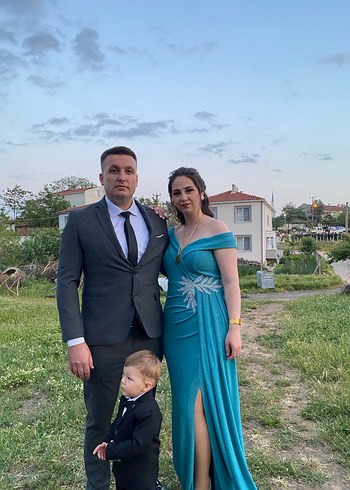 Mavi V Yakalı Uzun Drapeli Abiye Elbise - Görsel 2