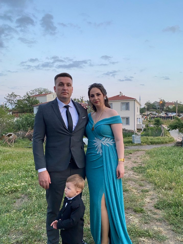 Mavi V Yakalı Uzun Drapeli Abiye Elbise - Görsel 2