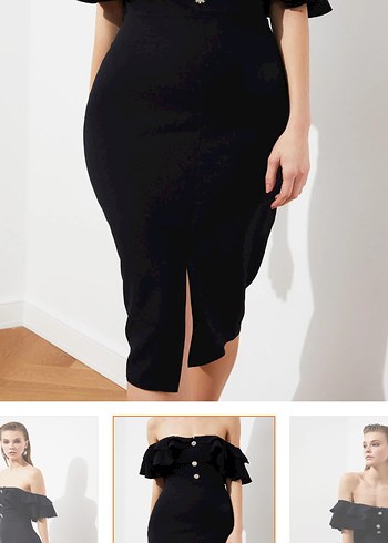 Düğme detaylı Siyah Straplez Kalem Elbise - Görsel 3