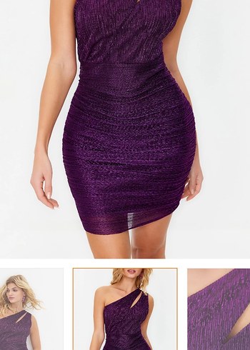 Parlak Mor Asimetrik Yaka Mini Elbise - Görsel 2