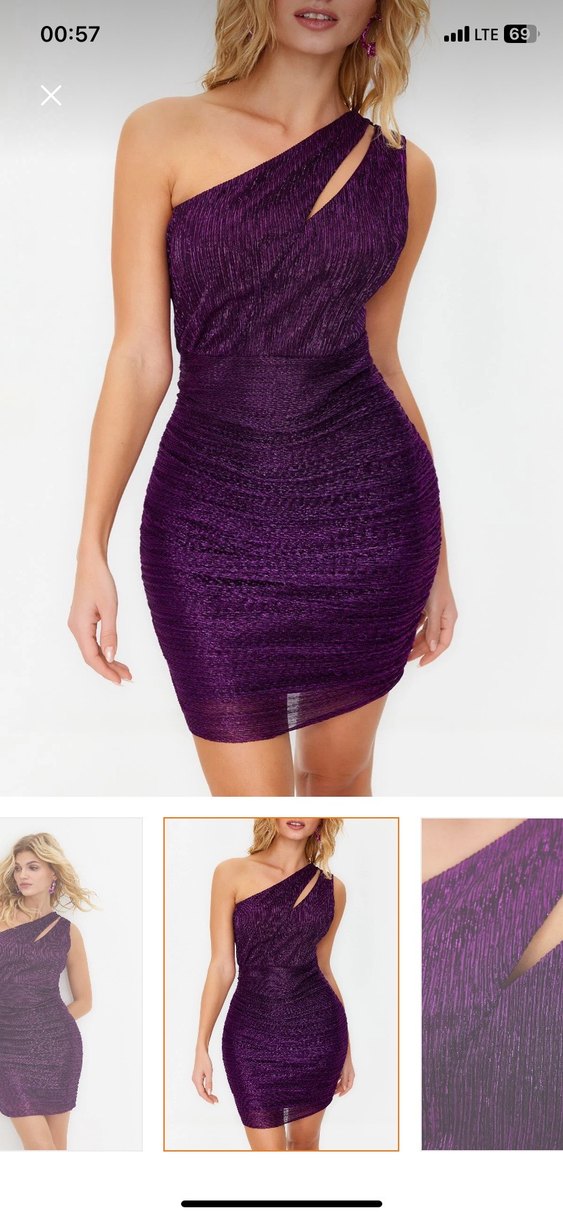 Parlak Mor Asimetrik Yaka Mini Elbise - Görsel 2