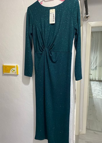 Parlak, simli haki Uzun Kollu Kalem Elbise - Görsel 4