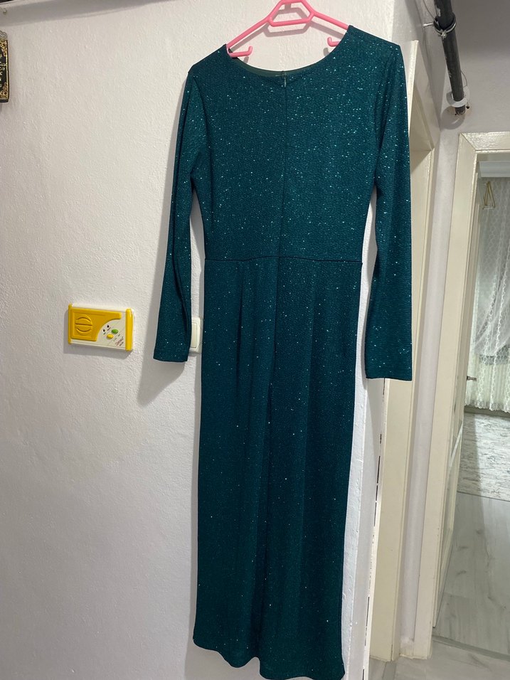 Parlak, simli haki Uzun Kollu Kalem Elbise - Görsel 5