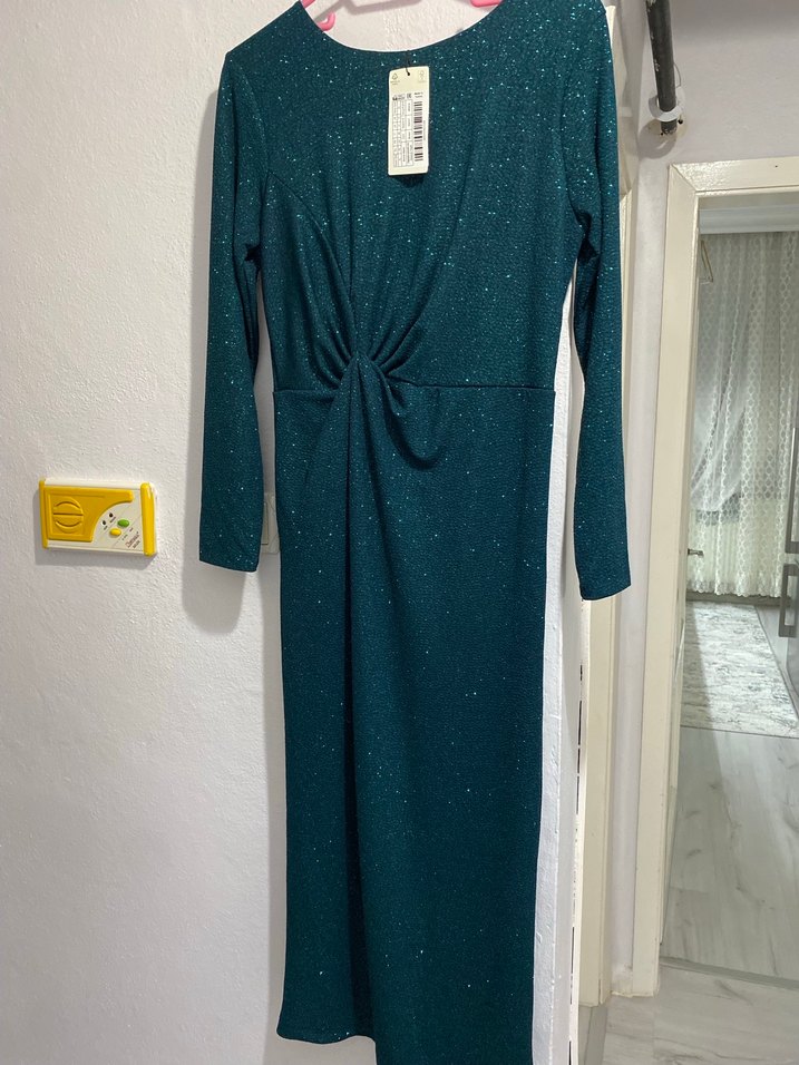 Parlak, simli haki Uzun Kollu Kalem Elbise - Görsel 4