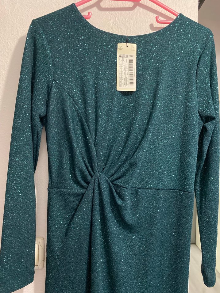 Parlak, simli haki Uzun Kollu Kalem Elbise - Görsel 3