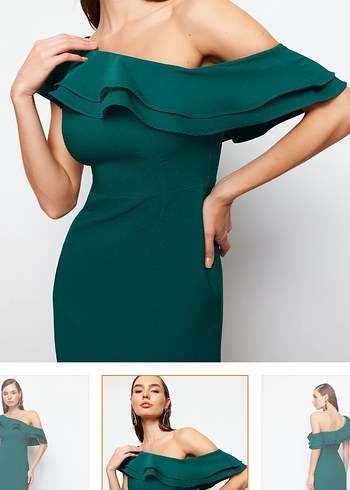 Drapeli Yeşil Uzun Kadın Elbise - Görsel 2