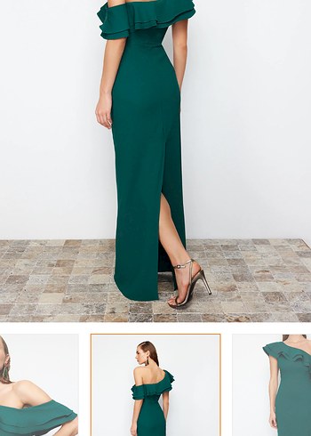 Drapeli Yeşil Uzun Kadın Elbise - Görsel 3