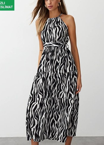 Trendyol Milla Zebra Desenli Uzun Askılı Pilili Elbise