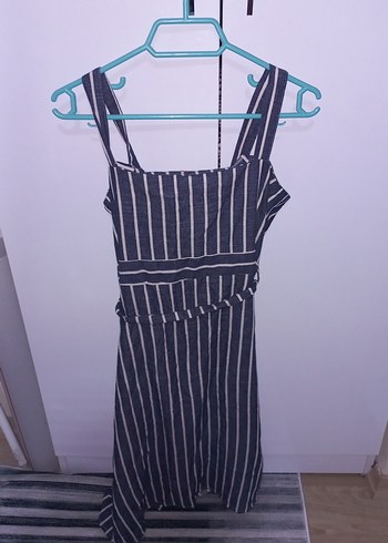 Mavi Düğmeli Çizgili Midi Kadın Elbise - Görsel 4