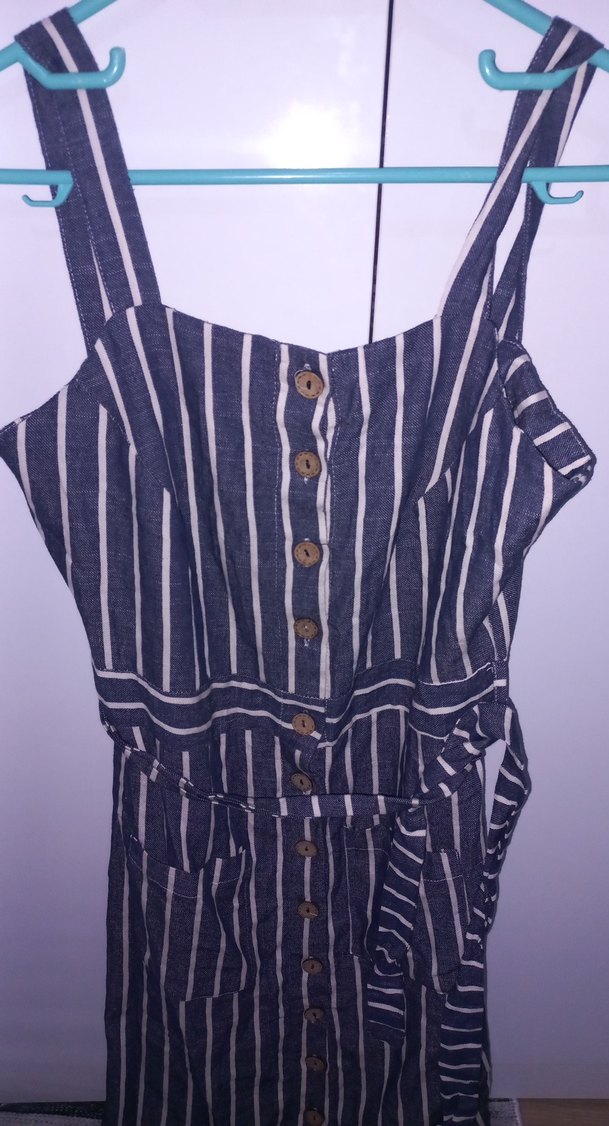 Mavi Düğmeli Çizgili Midi Kadın Elbise - Görsel 2