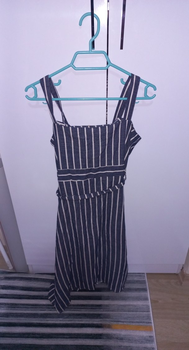 Mavi Düğmeli Çizgili Midi Kadın Elbise - Görsel 4