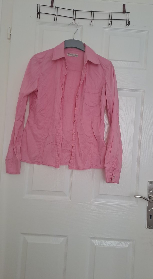 Pembe Düğmeli Uzun Kollu Keten Gömlek - Görsel 2