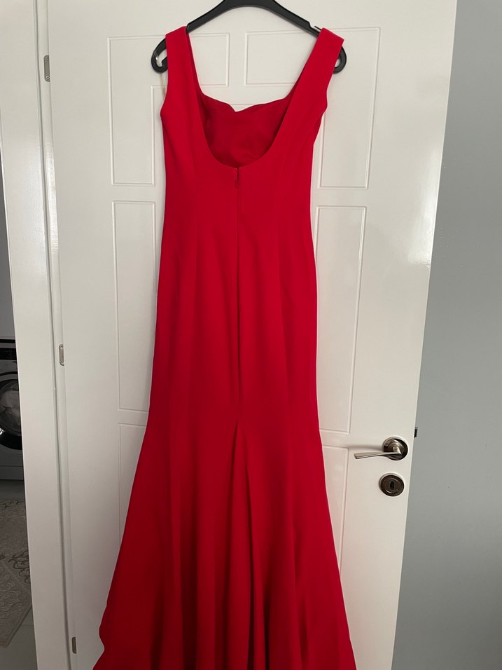 Kırmızı Uzun Drapeli Abiye Elbise - Görsel 3