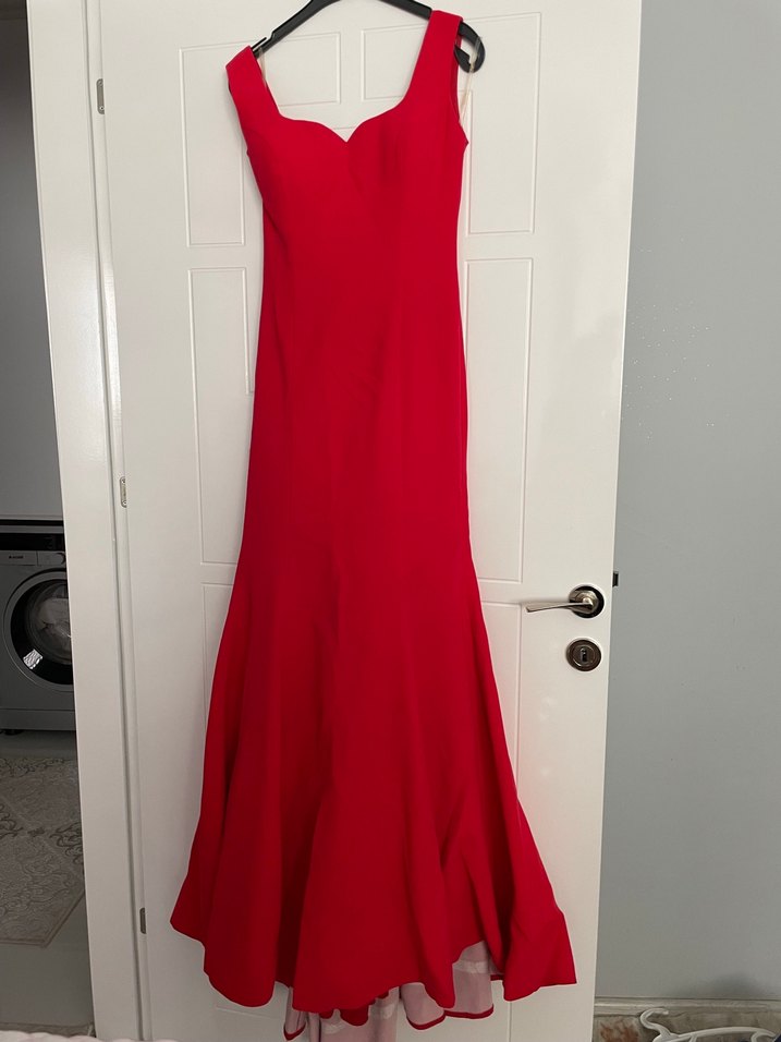 Kırmızı Uzun Drapeli Abiye Elbise - Görsel 2