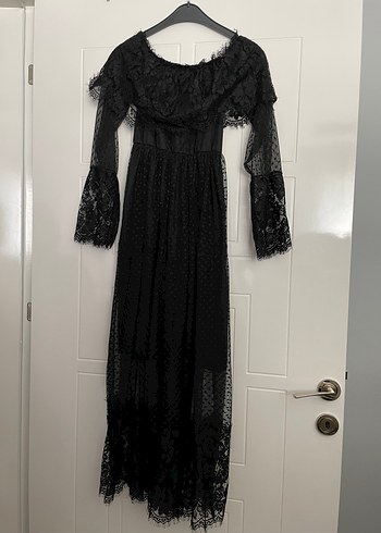 Dantel Detaylı Siyah Uzun Straplez Elbise - Görsel 2