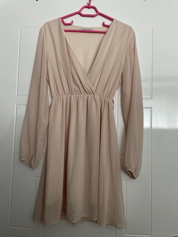 Bej V Yaka Midi Bohem Elbise - Görsel 3