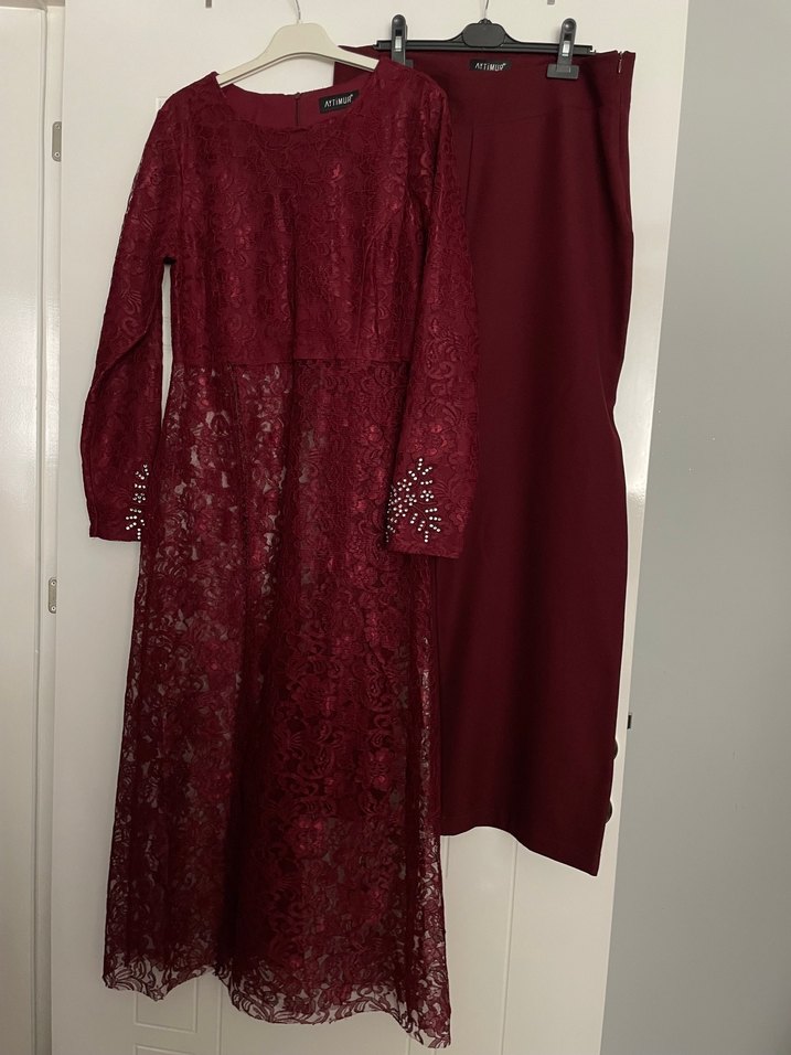 Bordo Dantel İşlemeli Uzun Kollu Kadın Bindallı - Görsel 2