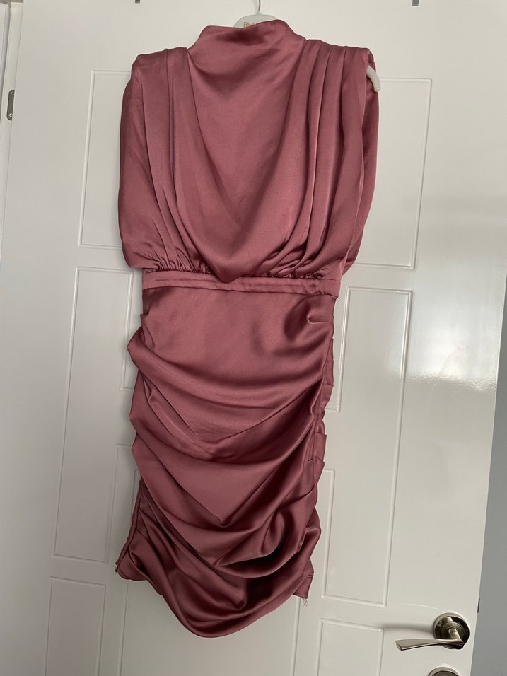 Abiyefon Bej Parlak Drapeli Mini Elbise - Görsel 2