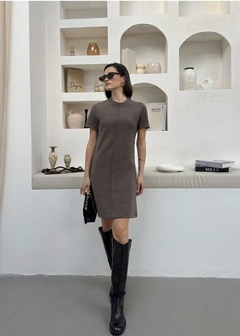 Çizgi Detaylı Kısa Kollu Triko Elbise - Görsel 2