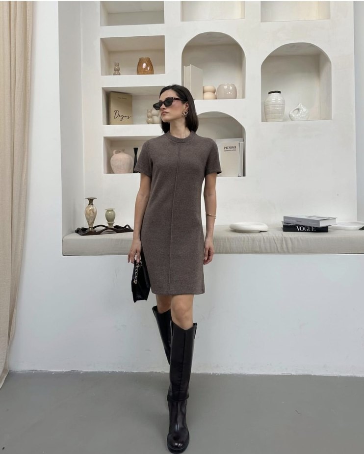 Çizgi Detaylı Kısa Kollu Triko Elbise - Görsel 2