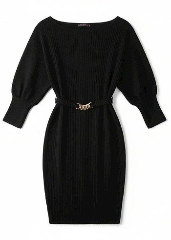 Zincir Kemer Detaylı Balon Kollu Siyah Fitilli Elbise  - Görsel 3