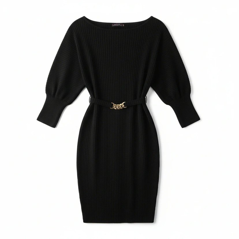 Zincir Kemer Detaylı Balon Kollu Siyah Fitilli Elbise  - Görsel 3