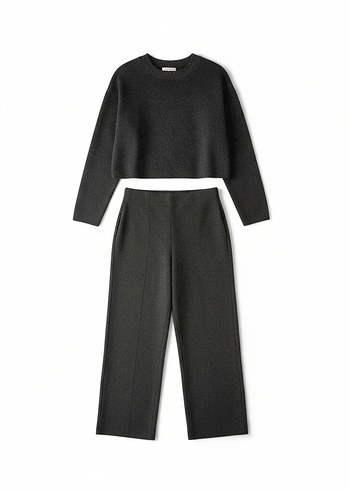 Antrasit Triko Takım - Crop Kazak & Yüksek Bel İspanyol PaçaPant - Görsel 2