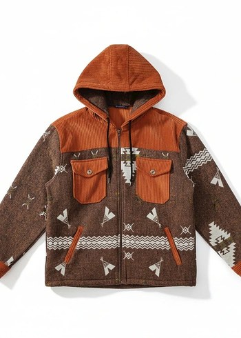 Etnik Desenli Fitilli Kadife Detaylı Kapüşonlu Ceket - Görsel 3
