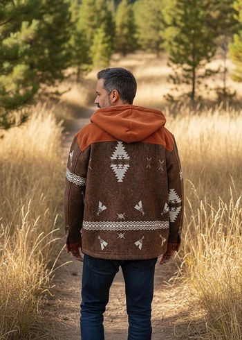 Etnik Desenli Fitilli Kadife Detaylı Kapüşonlu Ceket - Görsel 2