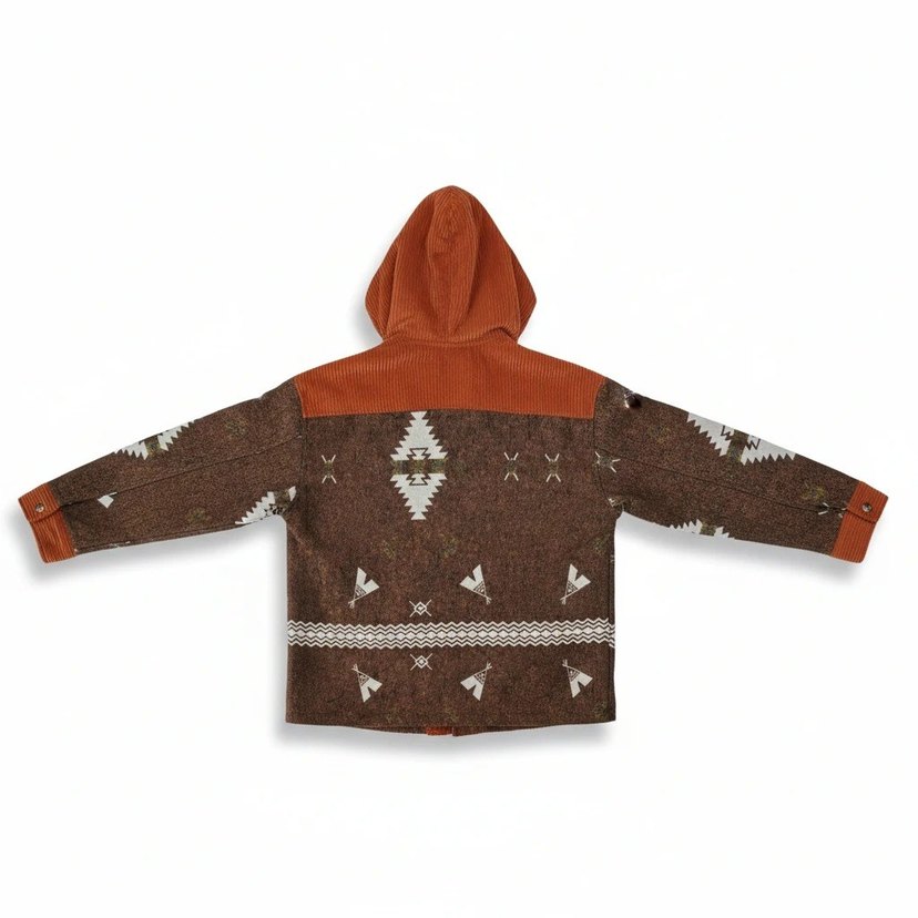 Etnik Desenli Fitilli Kadife Detaylı Kapüşonlu Ceket - Görsel 4