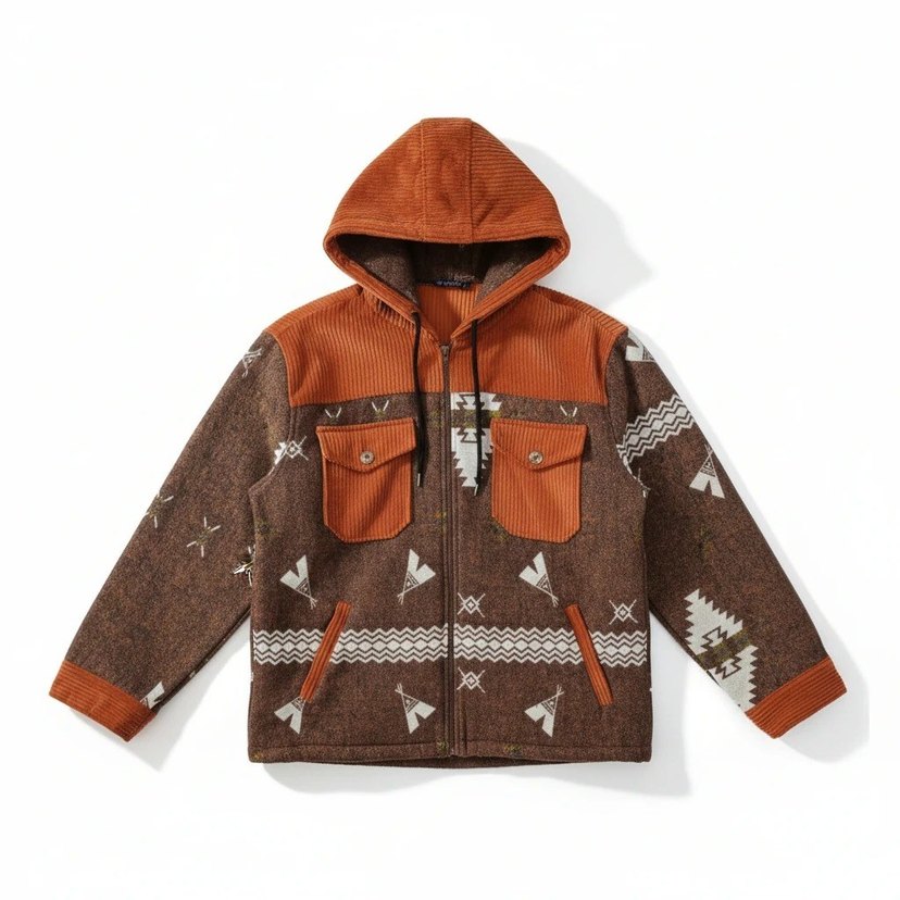 Etnik Desenli Fitilli Kadife Detaylı Kapüşonlu Ceket - Görsel 3